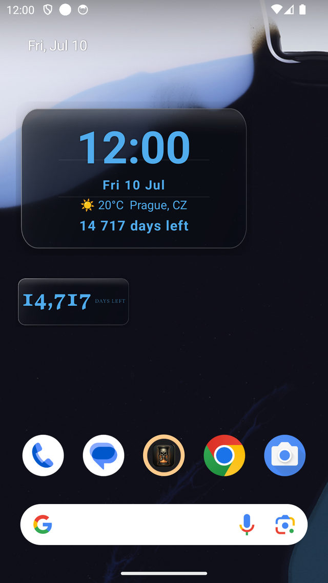 Hodinový widget s počasím a widget odpočtu na ploše