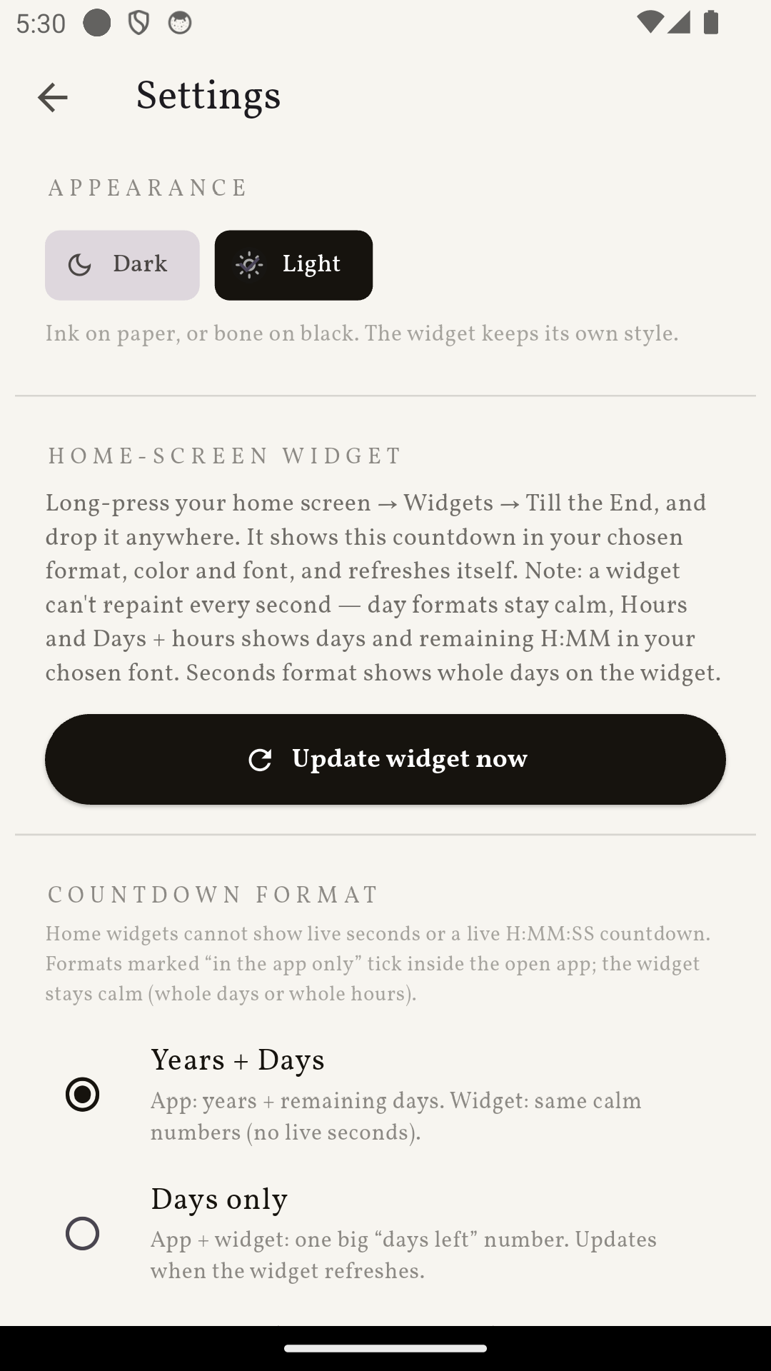 Settings: formats and theme