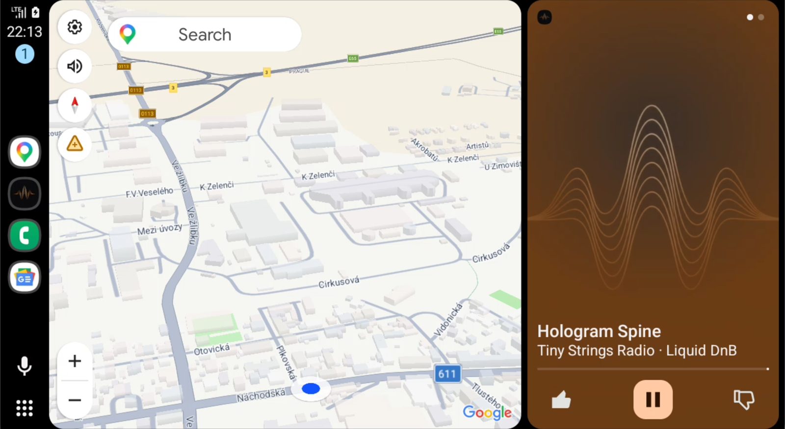 Tiny Strings Radio in Android Auto next to the map